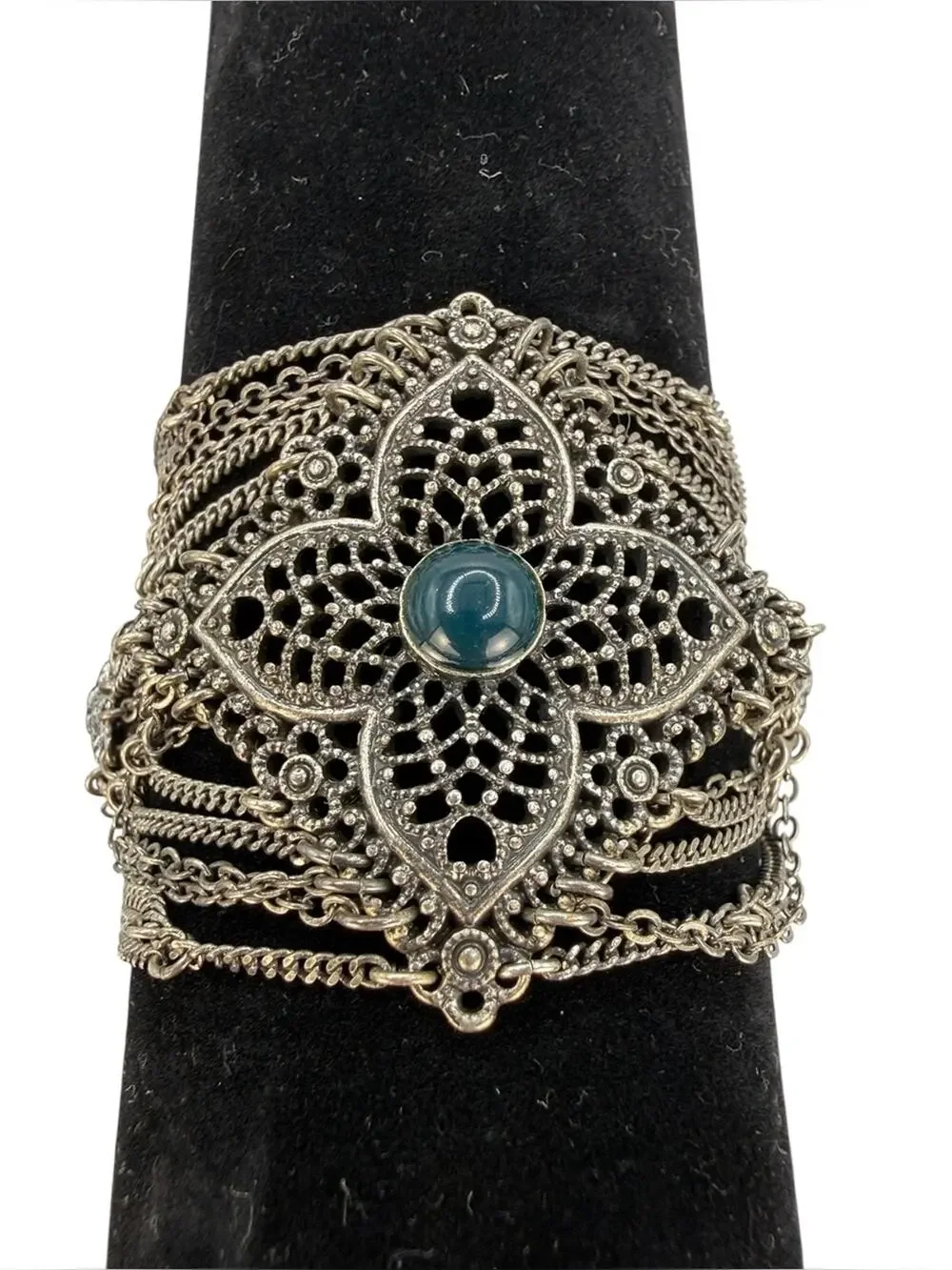 Lucky Brand Vintage Silver Filigree Flower Cuff Bracelet with Teal Cabochon